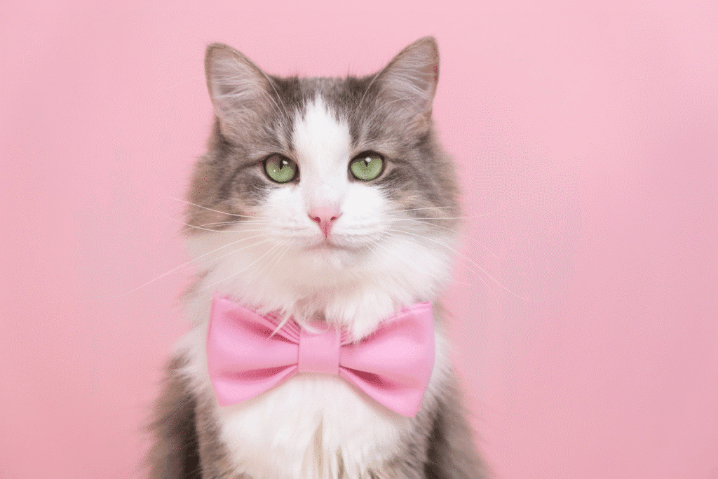 A cat with a pink bow tie.